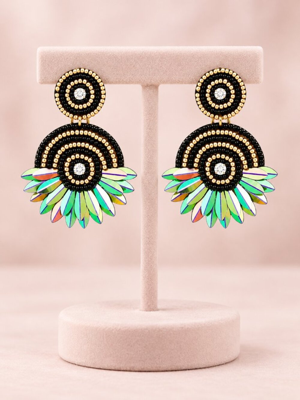 Bohemian Earrings Fan Sequin Seed Bead Gold Black Round Hypoallergenic Boho